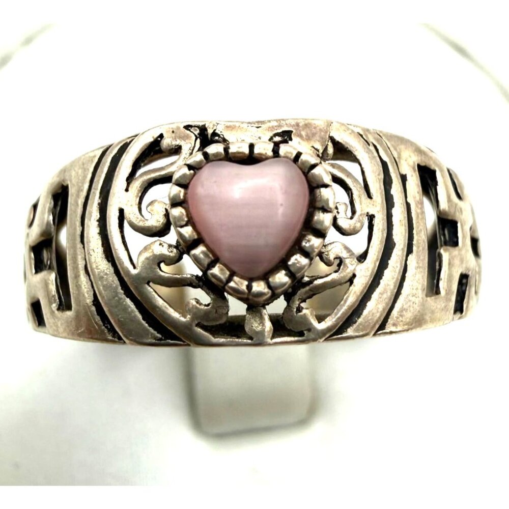 Vintage DGS Sterling Silver Heart Stone Wide Band Ring 925 Filigree Design
